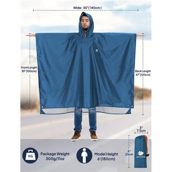 Hooded Rain Poncho for Adults Waterproof Lightweight Rain Coat for Men - Picture 2 of 7